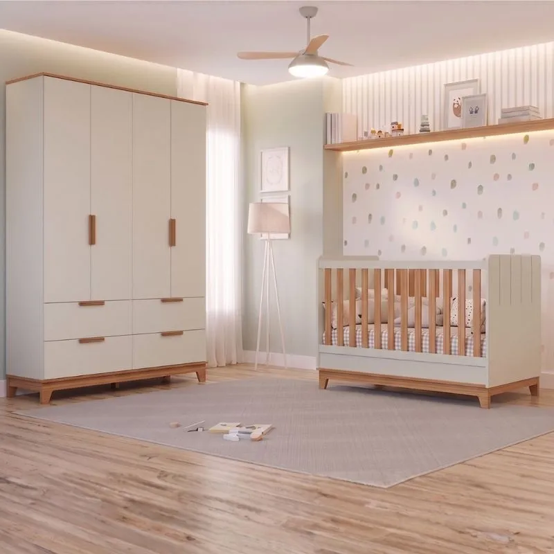 Quarto de Bebê Berço Mini Cama e Guarda Roupa 4 Portas 4 Gavetas Em MDF Pistache Permobili