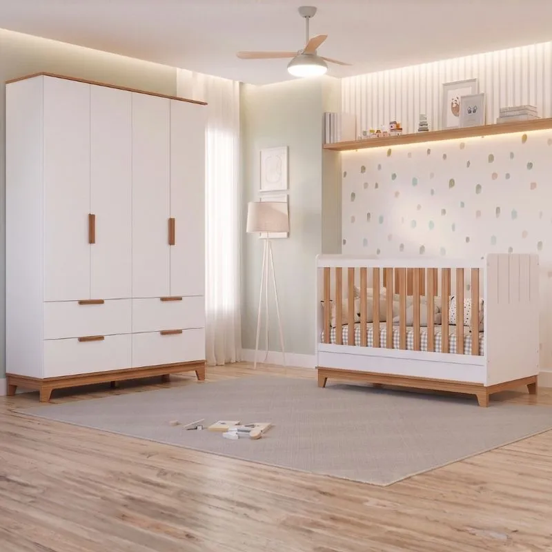 Quarto de Bebê Berço Mini Cama e Guarda Roupa 4 Portas 4 Gavetas Em MDF Pistache Permobili