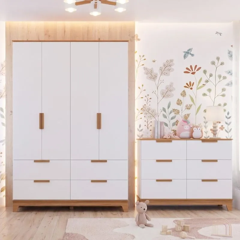 Quarto Infantil Guarda Roupa 4 Portas 4 Gavetas e Cômoda 6 Gavetas Em MDF Pistache Permobili