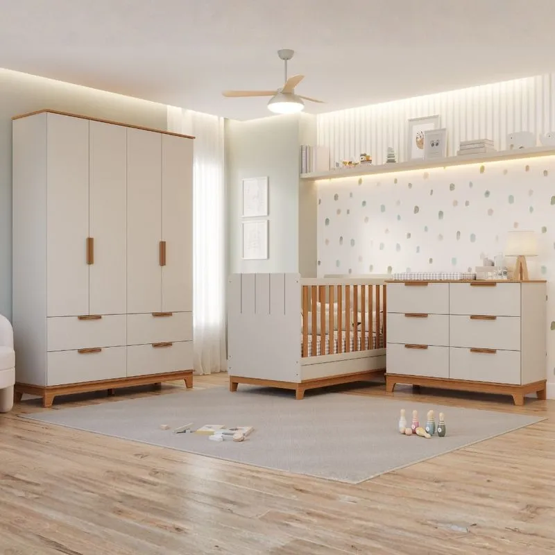 Quarto de Bebê Completo Com Berço Guarda Roupa E Cômoda Em MDF Pistache Permobili