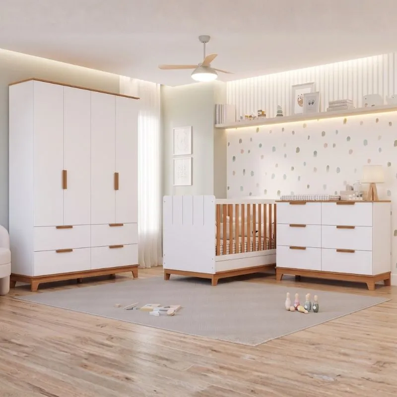 Quarto de Bebê Completo Com Berço Guarda Roupa E Cômoda Em MDF Pistache Permobili