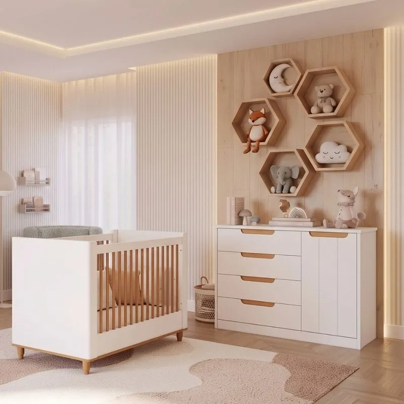 Quarto de Bebê Berço Mini Cama e Cômoda 4 Gavetas 1 Porta Em MDF Manuela Permóbili