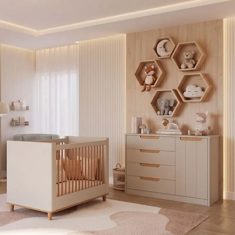 Quarto de Bebê Berço Mini Cama e Cômoda 4 Gavetas 1 Porta Em MDF Manuela Permóbili