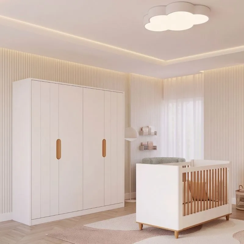 Quarto de Bebê Berço Mini Cama E Guarda Roupa 4 Portas 4 Gavetas Em MDF Manuela Permóbili