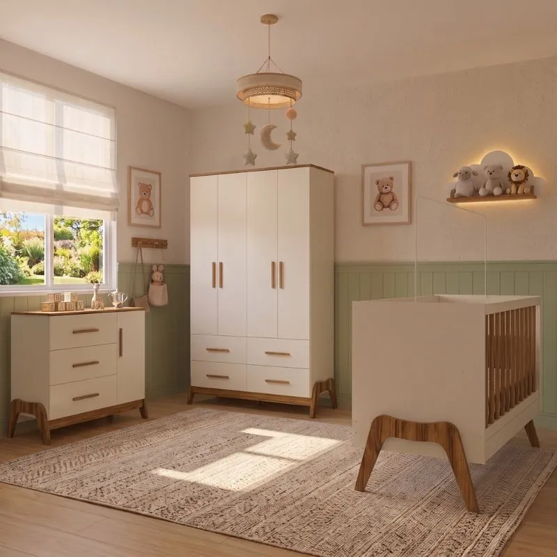 Quarto de Bebê Completo Com Berço Guarda Roupa E Cômoda Em MDF Guti Móveis Peroba