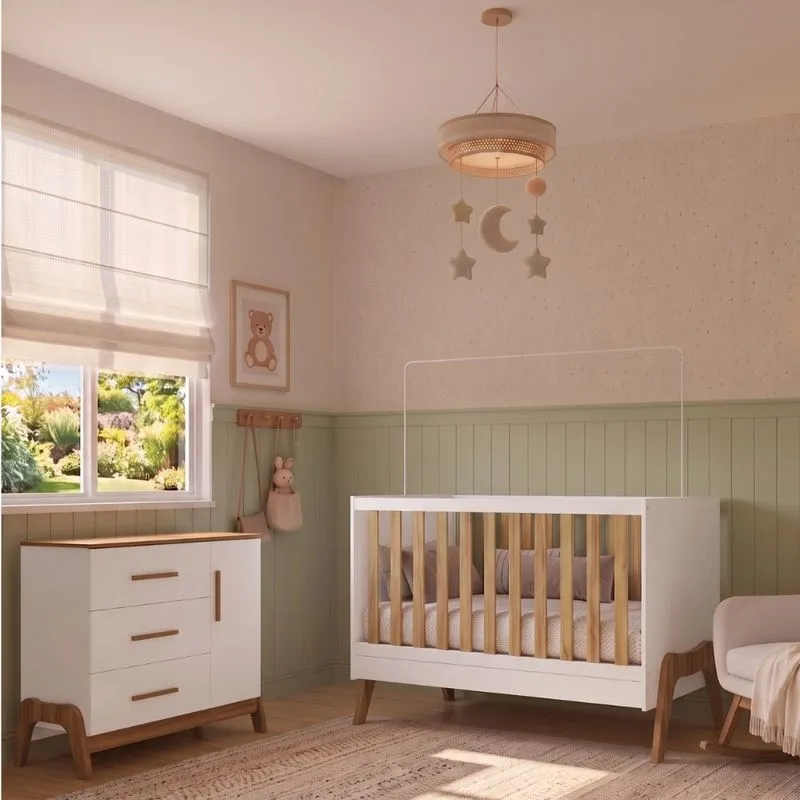 Quarto De Bebê Berço Mini Cama 5 em 1 E Cômoda 3 Gavetas 1 Porta Em MDF Guti Móveis Peroba