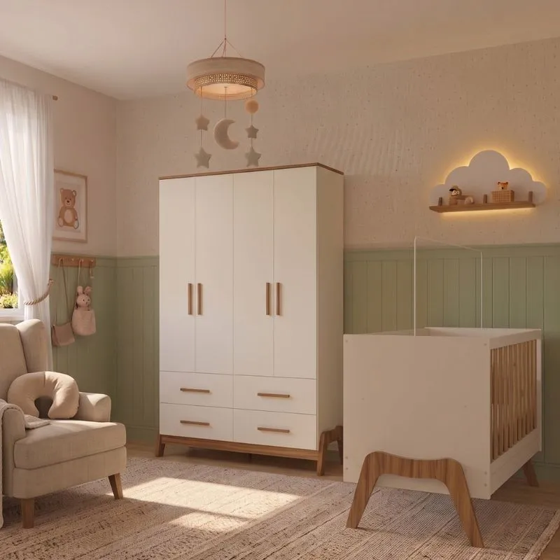 Quarto De Bebê Berço Mini Cama 5 Em 1 E Guarda Roupa 4 Portas 4 Gavetas Em MDF Guti Móveis Peroba