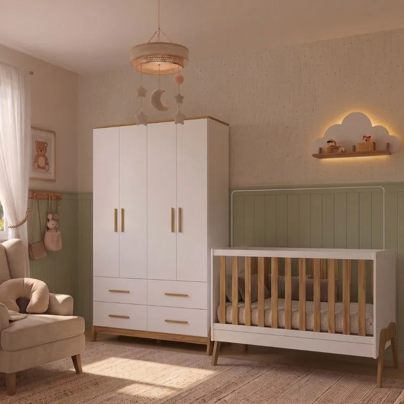 Quarto De Bebê Berço Mini Cama 5 Em 1 E Guarda Roupa 4 Portas 4 Gavetas Em MDF Guti Móveis Peroba