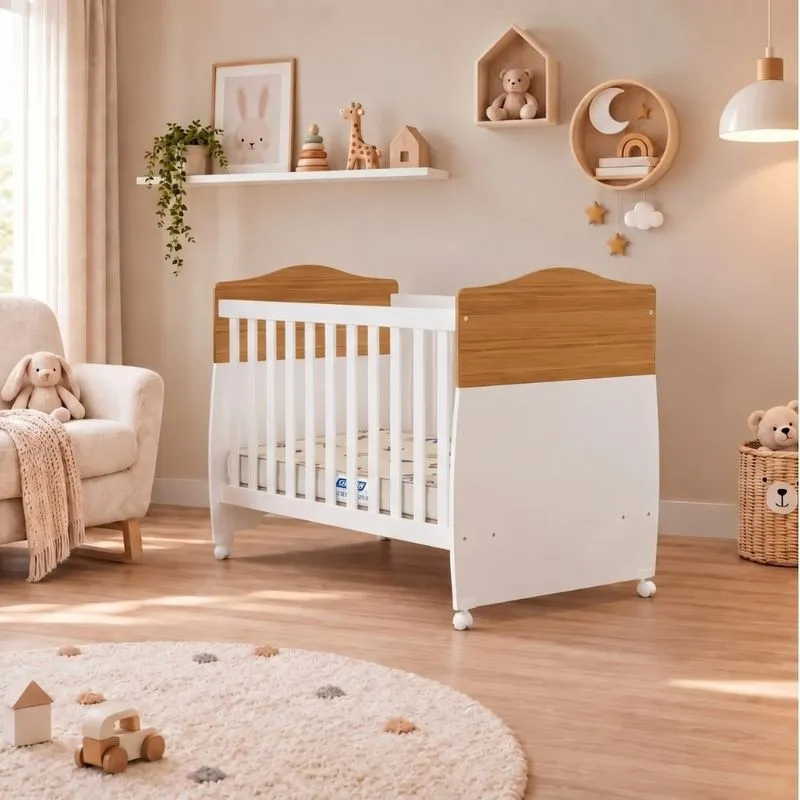 Berço Mini Cama Americano Com Rodízio Em MDF Conforto Permobili com Colchão Gazin