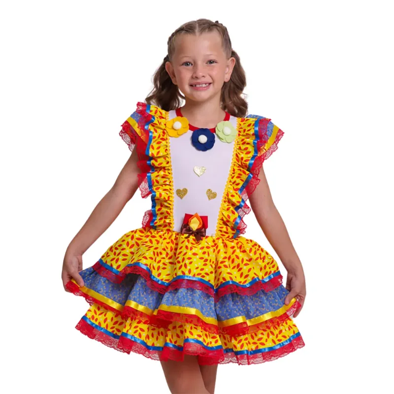 Vestido Infantil Junino Fogueira Branco, Amarelo e Vermelho Muvile
