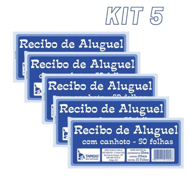 Kit 5 Blocos Recibo De Aluguel Com Canhoto Tamoio 50 Folhas