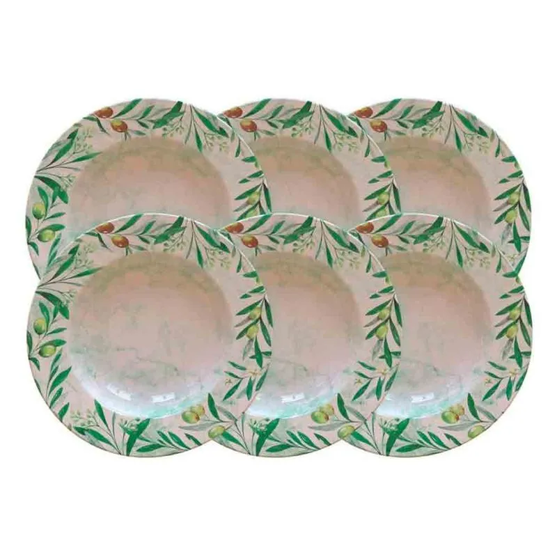 Conjunto com 6 Pratos Fundos Tramontina Oliva em Porcelana 23 cm Off White / Verde