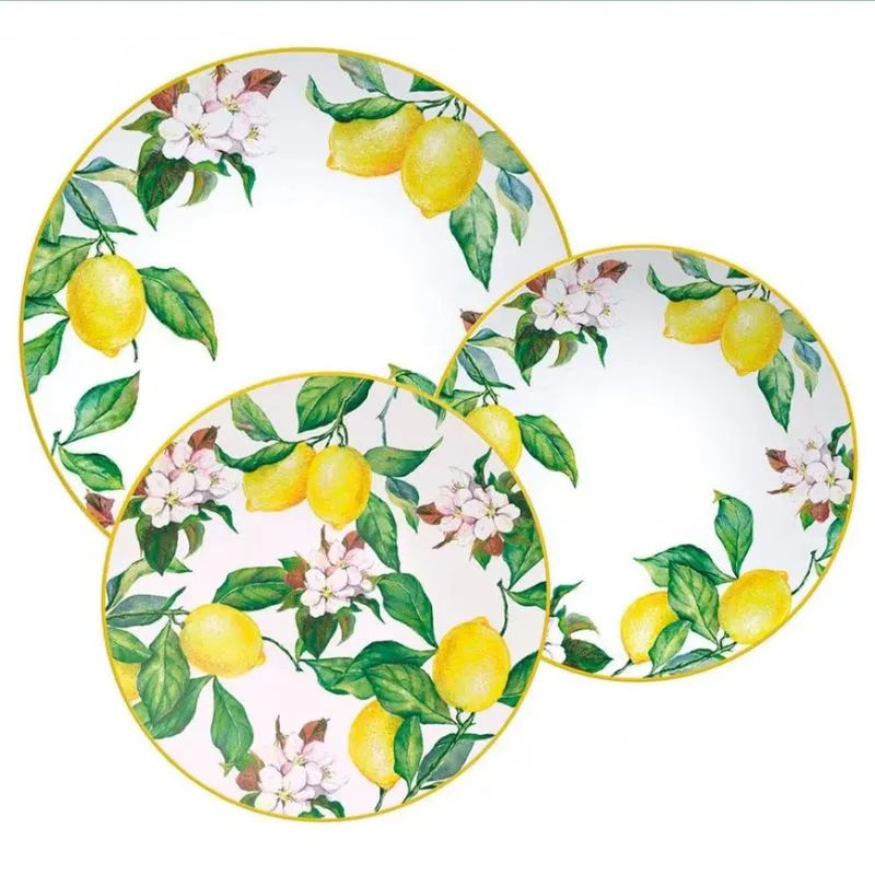 Conjunto com 12 Pratos Tramontina Carmen em Porcelana Branco com Amarelo