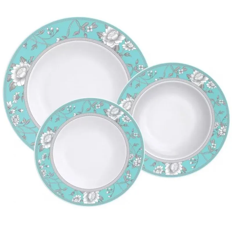 Conjunto com 12 Pratos Tramontina Helen em Porcelana Branco com Verde