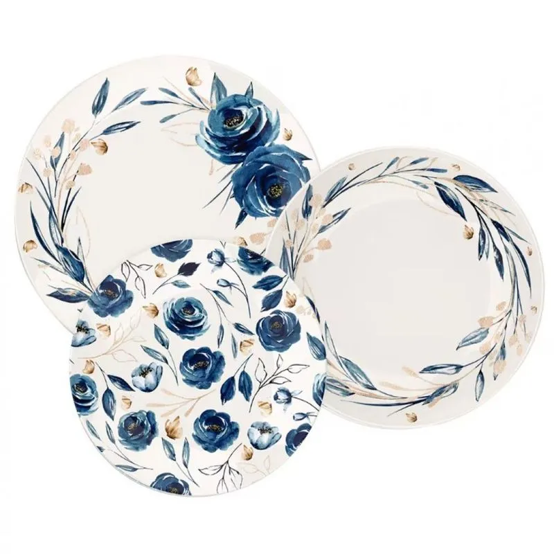 Conjunto com 12 Pratos Tramontina Ana Flor em Porcelana Branco e Azul Branco com Azul