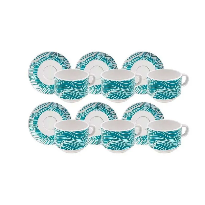 Conjunto com 6 Xícaras e Pires para Chá Tramontina Clarice em Porcelana 240 ml Branco com Verde