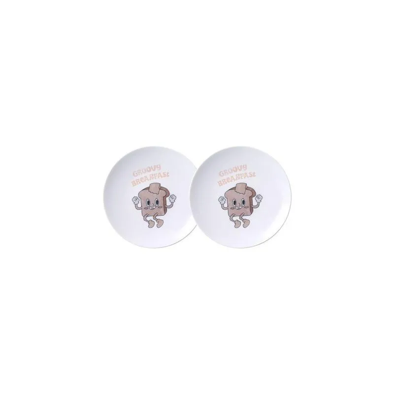 Kit Prato Sobremesa Tramontina Grooby Breakfast Em Porcelana Decorada 19 Cm 02 Peças