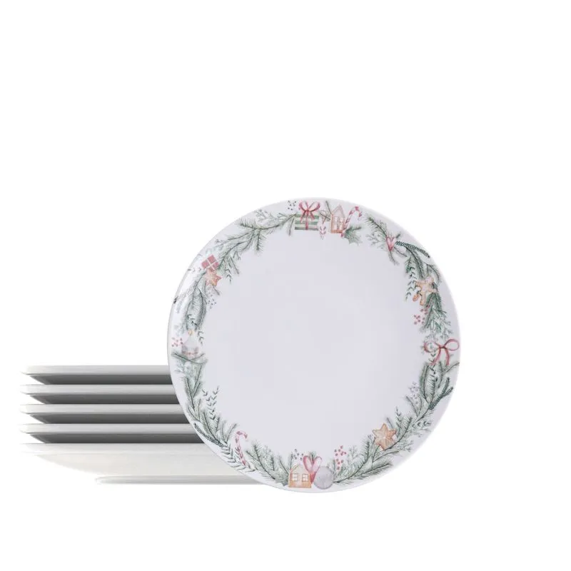 Kit Prato Sobremesa Tramontina Casa Natal Noite Feliz Em Porcelana Decorada 21 Cm 06 Peças Tramontina