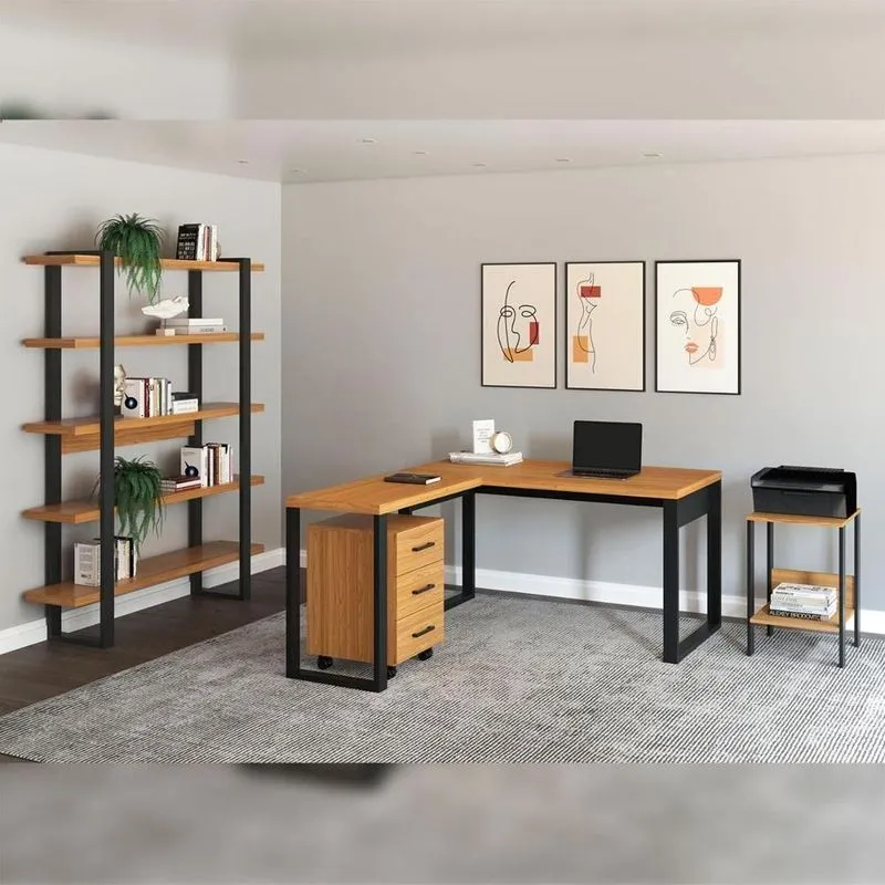 Kit Escritório Completo Linha Industrial 3 Gavetas MDF Preto Mesa em L Gaveteiro Estante Pradel