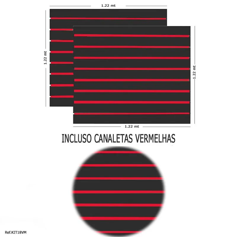 2 Paineis Canaletado Preto - 1,22 X 1,22 + Canaletas Vermelhas
