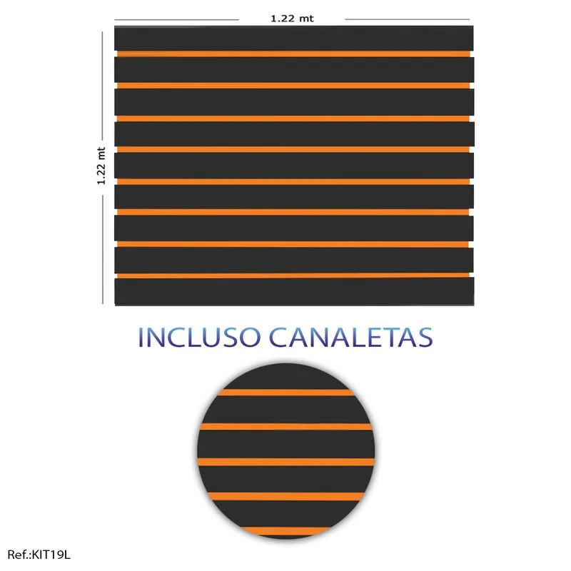 Painel Canaletado Preto - 1,22 X 1,22 + Canaletas Laranjas