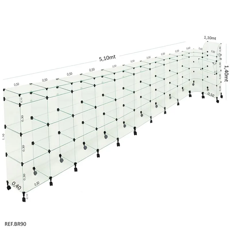 Balcão L Em Vidro C/ Caixa + Rodizio - 5,10 X 1,10 X 1,10 X 0,40