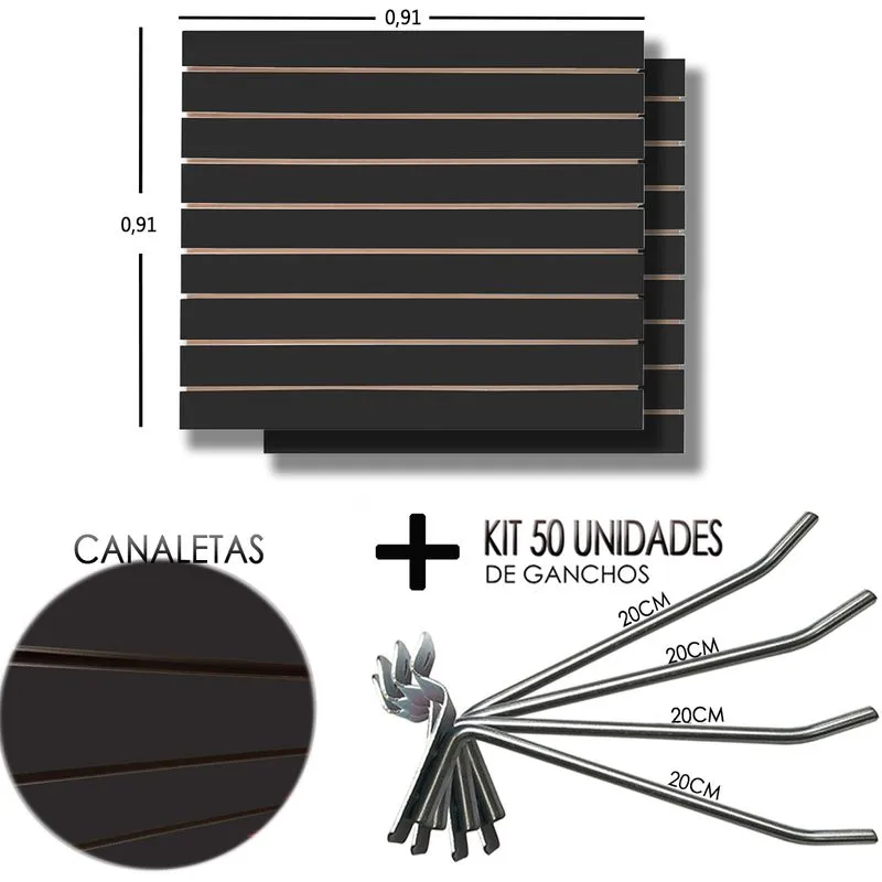 2 Paineis Canaletado Preto - 0,91 X 0,91 + 50 Gancho 20cm + Canaletas Preta