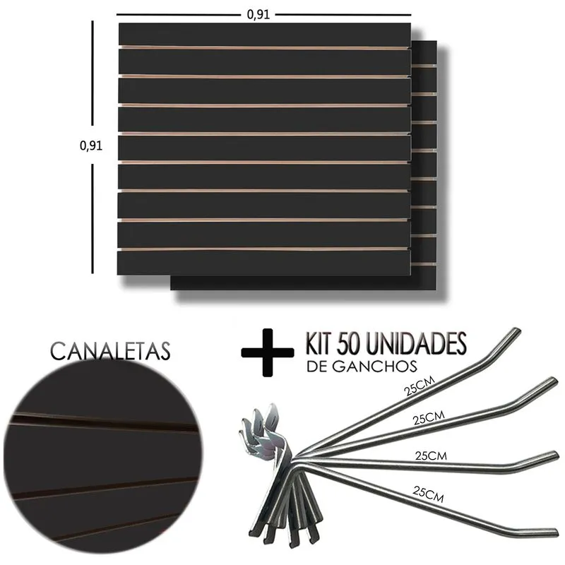 2 Paineis Canaletado Preto - 0,91 X 0,91 + 50 Gancho 25cm + Canaletas Preta