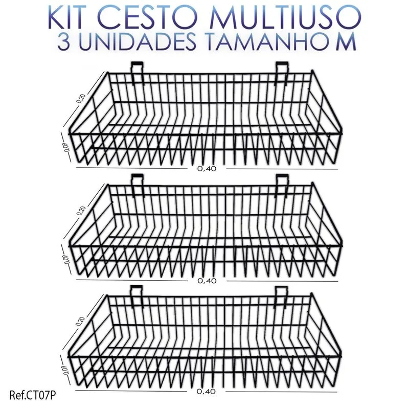 Cesto Para Painel Canaletado Preto 0,40 x 0,20 x 0,09 3 Unidades