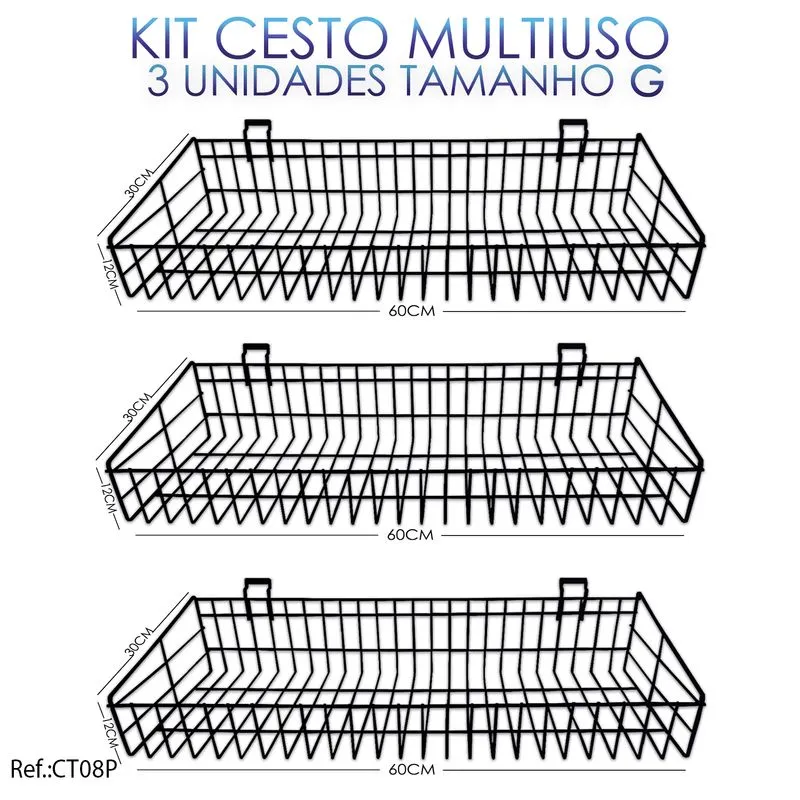 Cesto Para Painel Canaletado Preto - 0,60 X 0,30 X 0,09 - 3 Unidades
