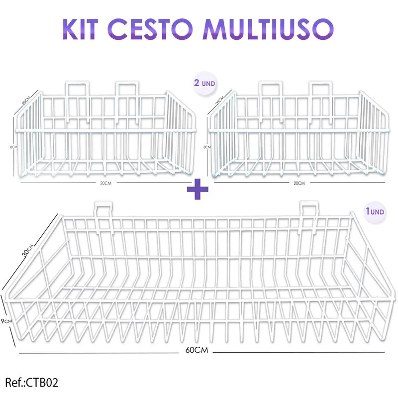Kit Cesto Para Painel Canaletado Branco 3 Unidade P E G