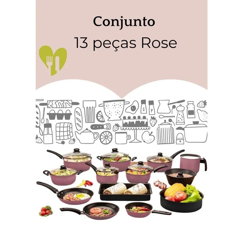 Kit 13 Panelas Rose Moderno Sofisticado Antiaderente Teflon