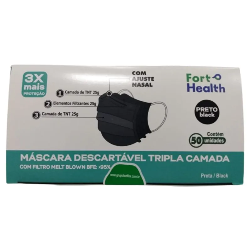 Máscara Descartável Tripla Preta 50 und Fort Health