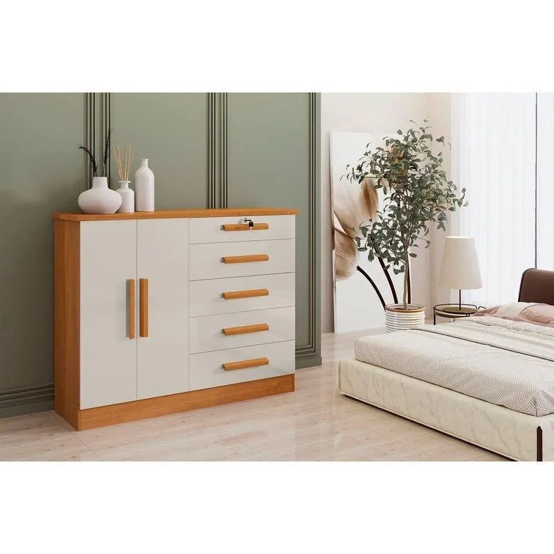 Cômoda New Athos 2 Portas 5 Gavetas Com Sapateira 100% Mdf Cinamomo Off
