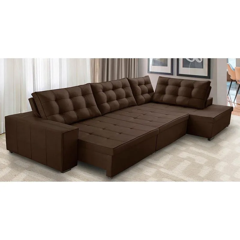 Sofá de Canto Retrátil e Reclinável com Molas 3,40x2,00 Jacke Suede Marrom Adonai Estofados