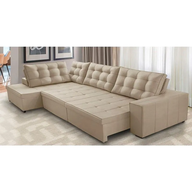 Sofá de Canto Retrátil e Reclinável com Molas 3,40x2,00 Esq Jacke Suede Bege Adonai Estofados