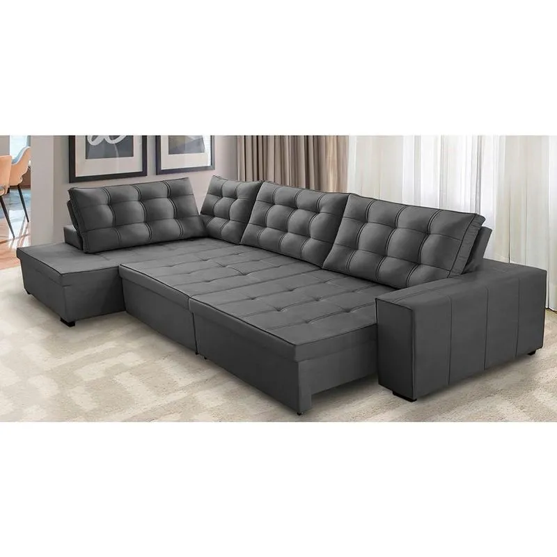 Sofá de Canto Retrátil e Reclinável com Molas 3,40x2,00 Esq Jacke Suede Cinza Adonai Estofados