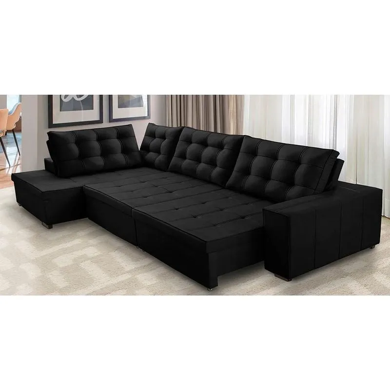 Sofá de Canto Retrátil e Reclinável com Molas 3,40x2,00 Esq Jacke Suede Preto Adonai Estofados