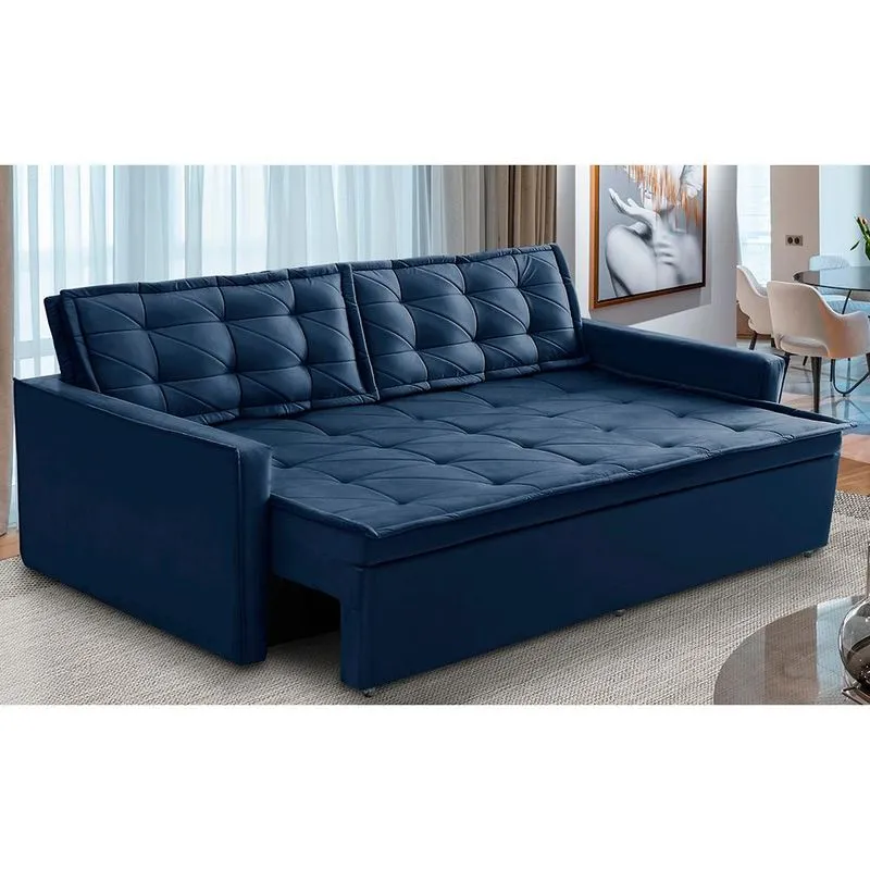 Sofá Sem Caixa Retrátil e Reclinável 1,90m com Molas Luara Suede Azul Adonai Estofados