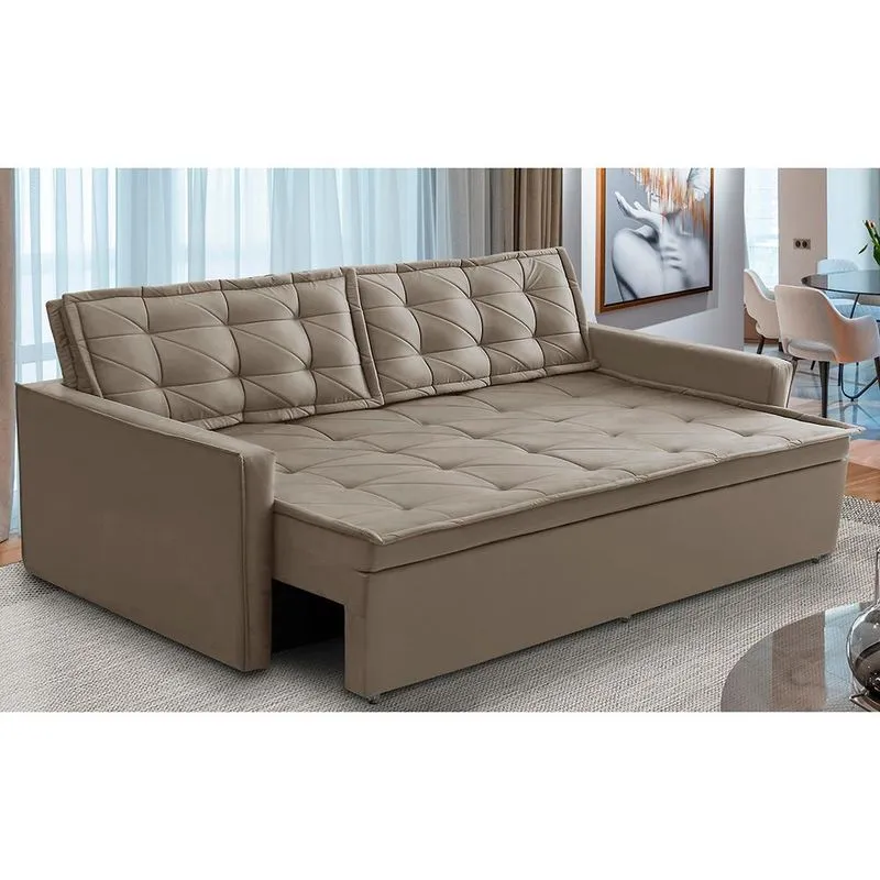 Sofá Sem Caixa Retrátil e Reclinável 1,90m com Molas Luara Suede Cappuccino Adonai Estofados