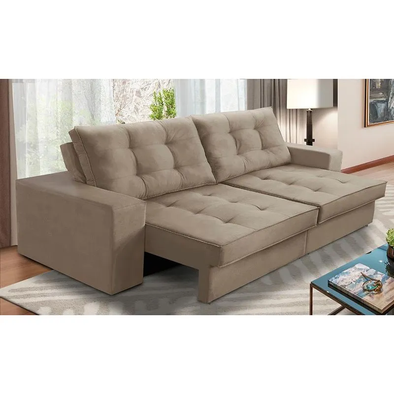 Sofá Retrátil e Reclinável 3 lugares 2,30m com Molas Marcela Suede Cappuccino Adonai Estofados