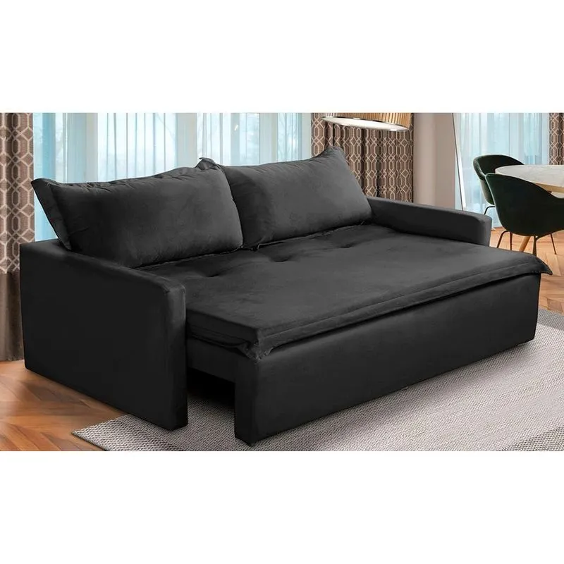 Sofá Sem Caixa Retrátil e Reclinável 1,65m com Molas Kiara Suede Preto Adonai Estofados