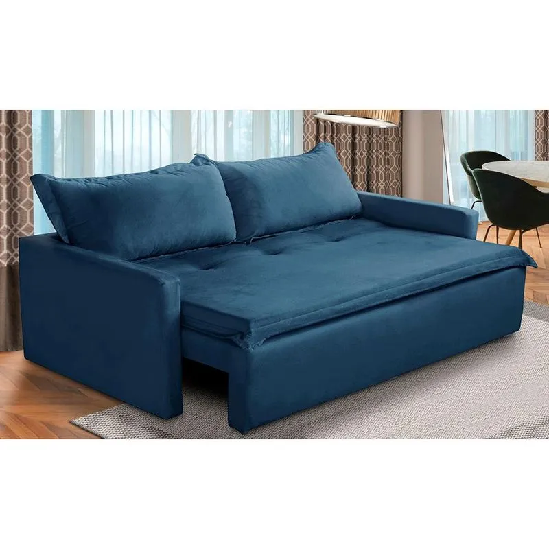 Sofá Sem Caixa Retrátil e Reclinável 1,85m com Molas Kiara Suede Azul Adonai Estofados