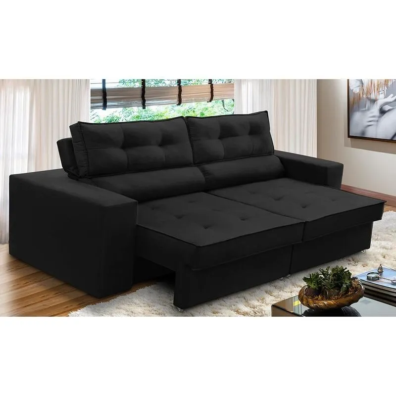 Sofá Retrátil E Reclinável 2 Lugares 1,50m Com Molas Mirela Suede Preto Adonai Estofados
