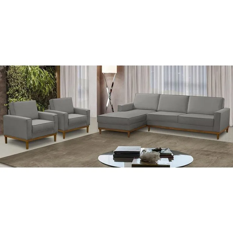 Kit Sofá 3 Lugares 2,60m com Chaise le e 2 Poltronas Living Gabi Linho Cinza Madelina Decor