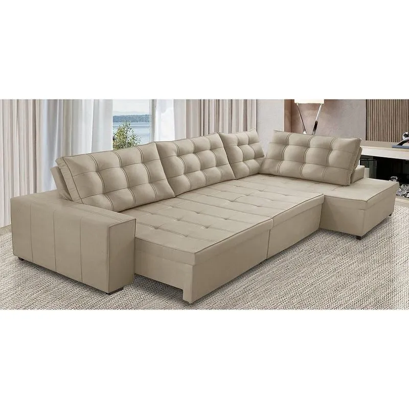 Sofá de Canto Retrátil e Reclinável com Molas 3,00x2,00 ld Jacke Suede Bege Madelina Decor