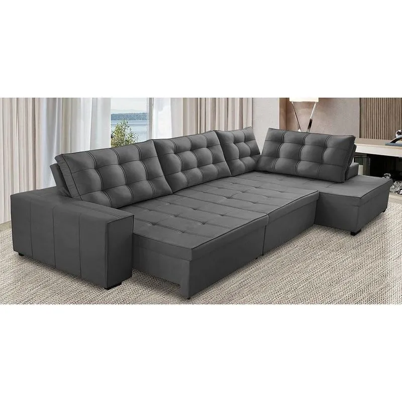 Sofá de Canto Retrátil e Reclinável com Molas 3,00x2,00 ld Jacke Suede Cinza Madelina Decor