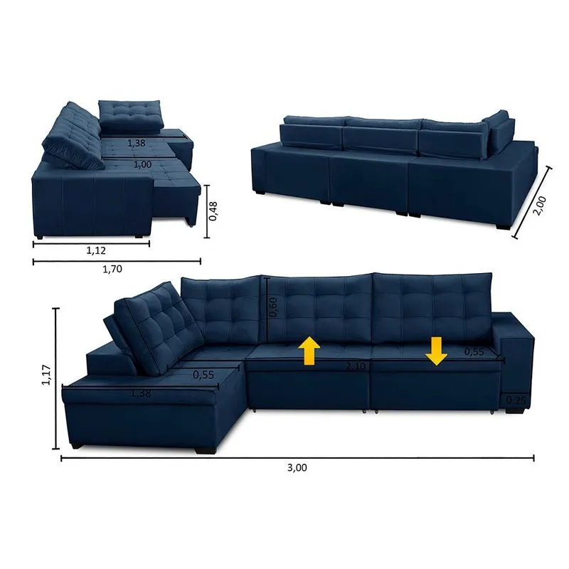 Sofá de Canto Retrátil e Reclinável com Molas 3,00x2,00 le Jacke Suede Azul Madelina Decor
