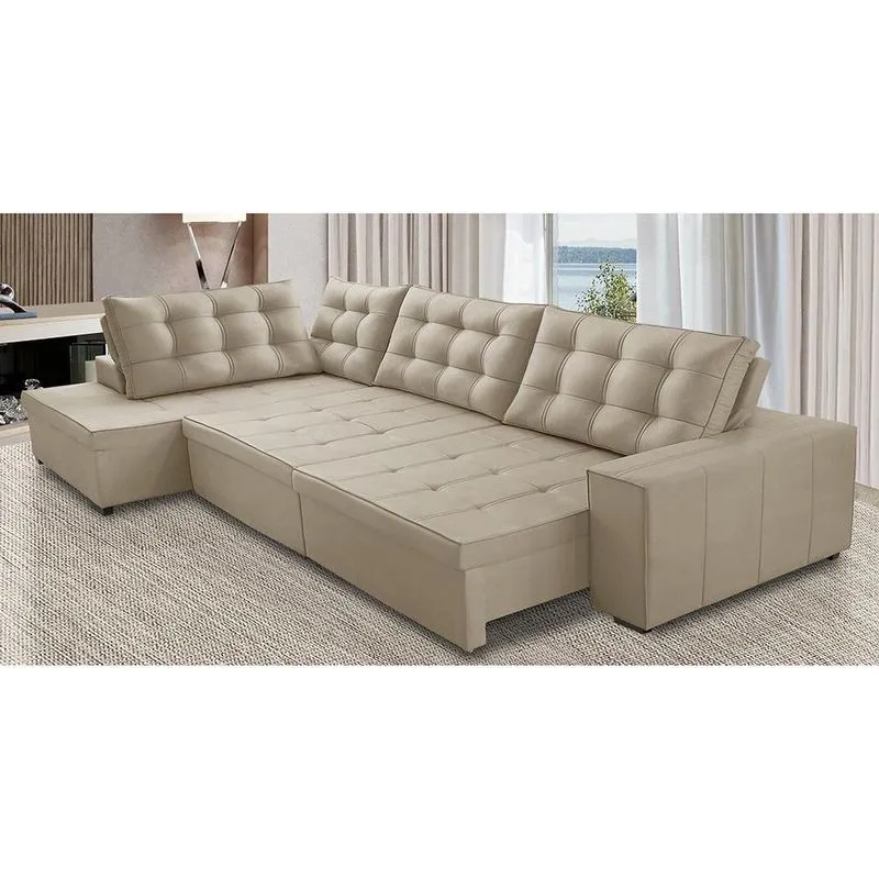 Sofá de Canto Retrátil e Reclinável com Molas 3,00x2,00 le Jacke Suede Bege Madelina Decor