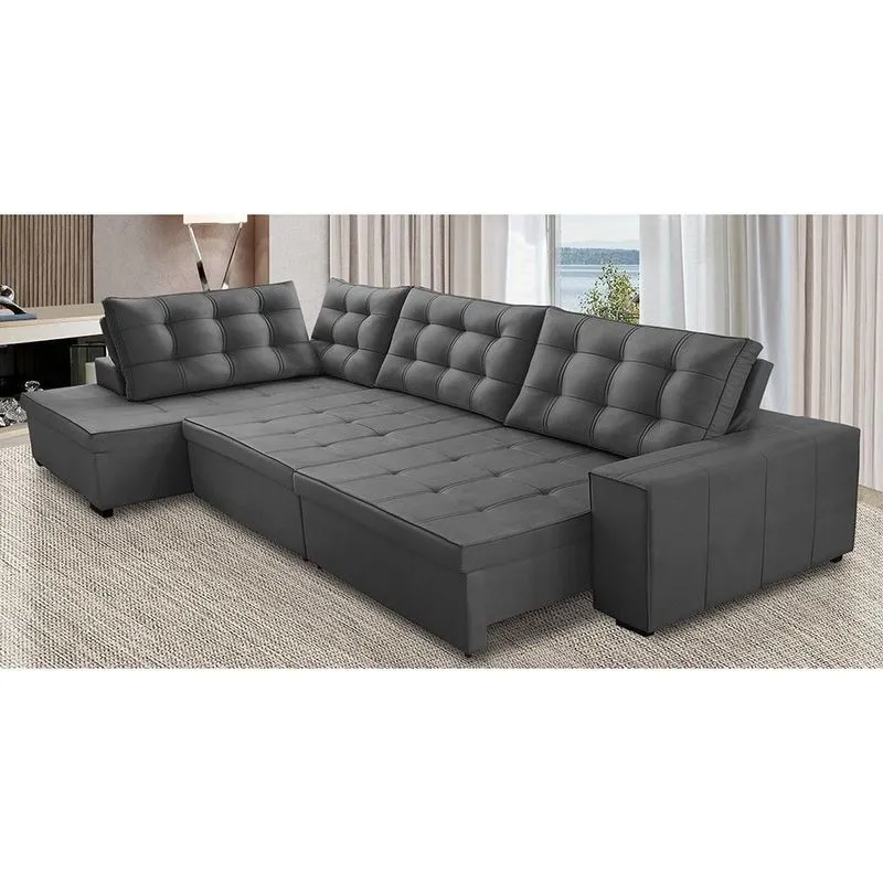 Sofá de Canto Retrátil e Reclinável com Molas 3,00x2,00 le Jacke Suede Cinza Madelina Decor